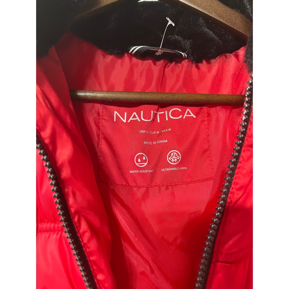 Nautica Womens Red Water Resistant Puffer Jacket Faux Fur Detachable Hood Small - Picture 4 of 4